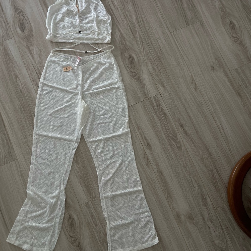 Vtg Victoria's Secret NWT White Lace 2pc Halter Crop Top Pants V-Hardware M/L
